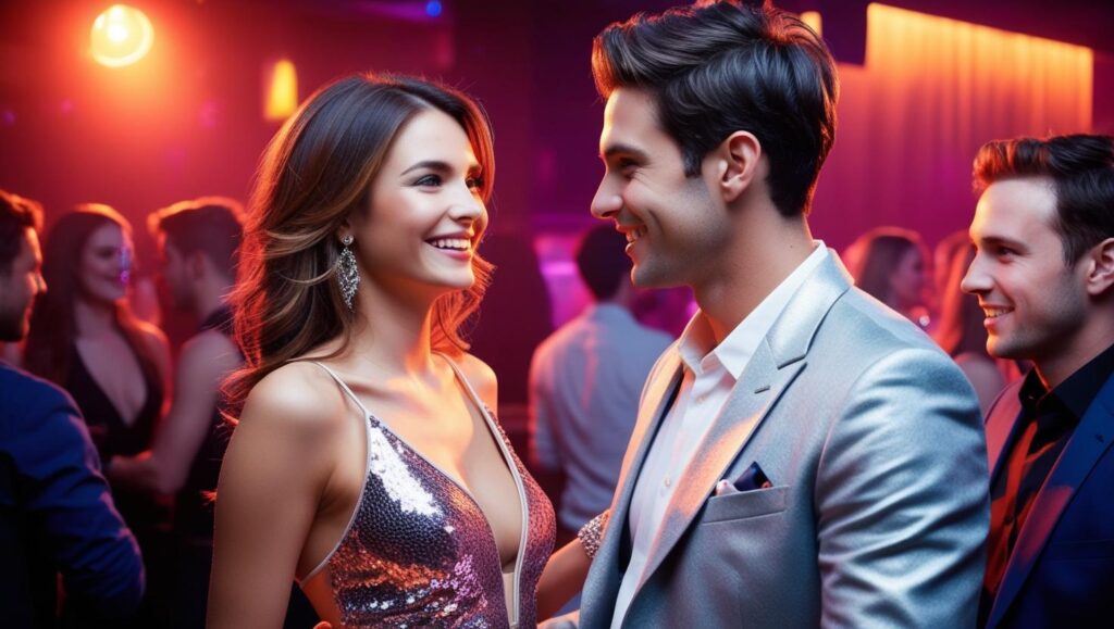 a man and woman looking at each other in party