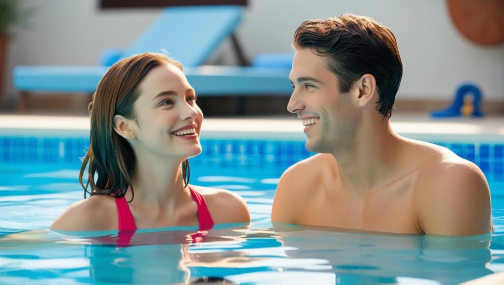 a man and pretty woman in a pool